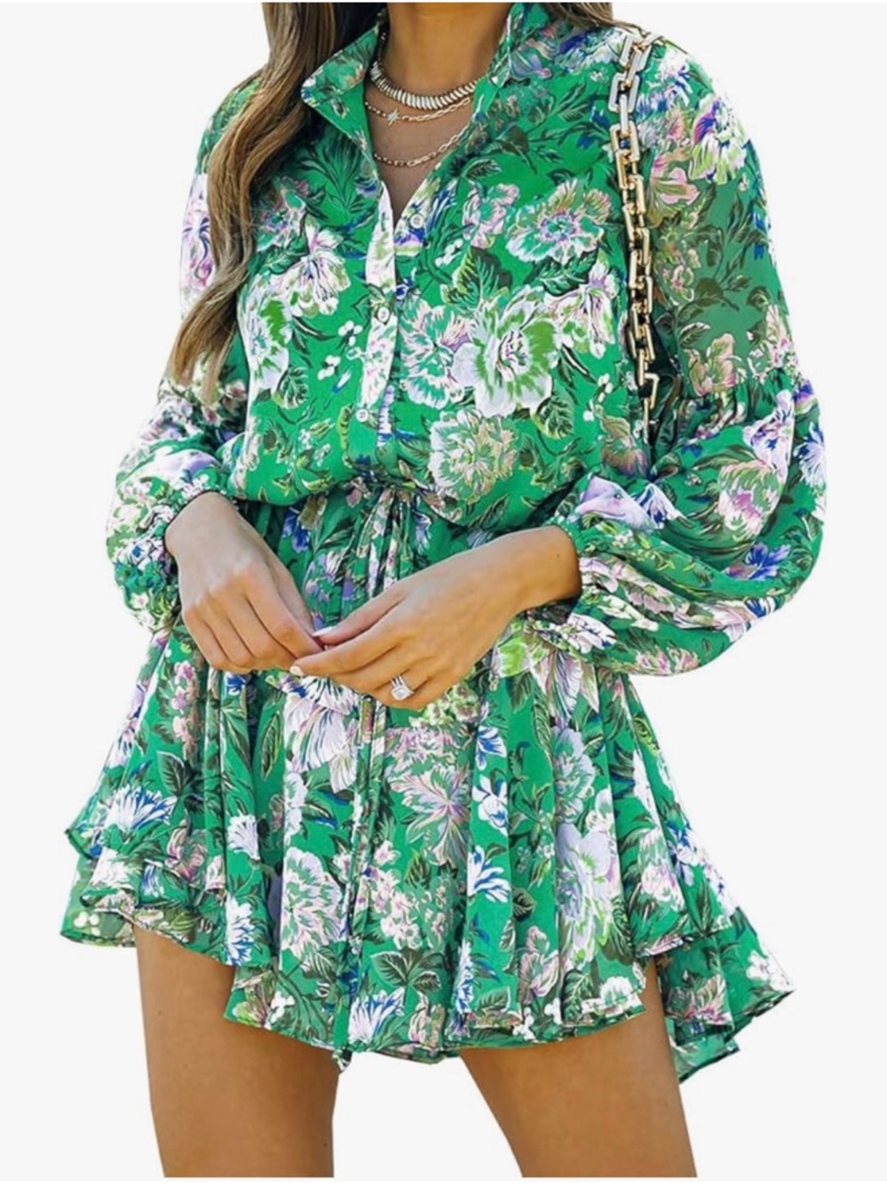 Clarisbelle Green Floral Tiered Long Sleeve Shirt Dress XL Boho Cotton Cottage